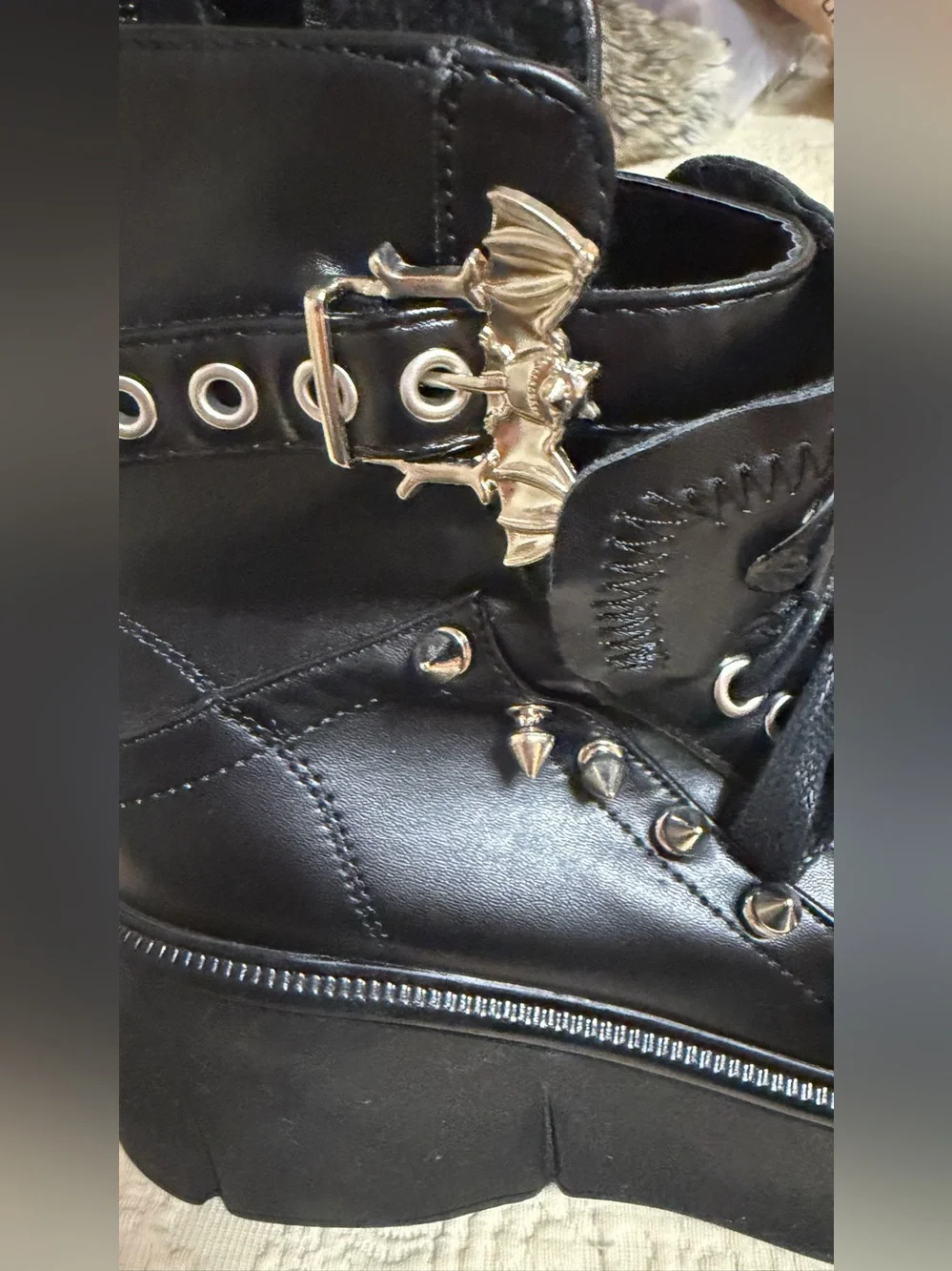 Black Studded Platform Combat Boots | Gothic Bat Buckle | Punk Grunge